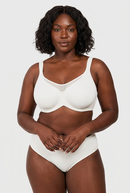 Black model - front, ivory minimizer bra